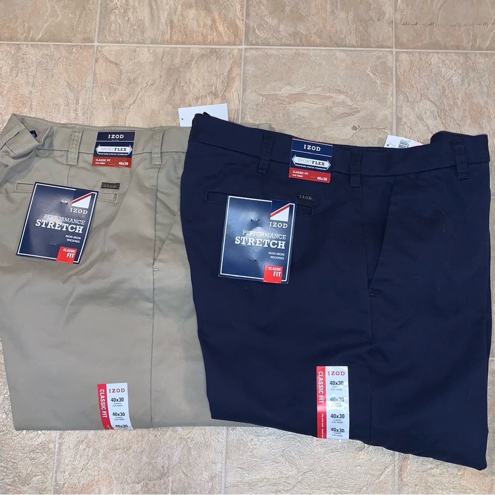 2 Pair Izod Men’s Performance Stretch Classic Dress Pants 40x30 NEW